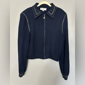 Vintage St John Collection Navy Gold Sequins Knit Zip Cardigan Sweater USA Sz 14